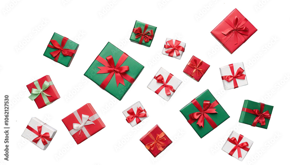 Small festive gift boxes with ribbons, wrapped in red and green, scattered on a transparent background, creating a joyful, celebratory look. Small festive gift boxes with ribbons, wrapped in red and green, scattered on a transparent background, creating a joyful, celebratory look.