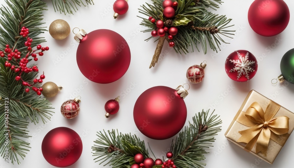 Christmas wonderland scene with red and gold baubles, gifts, pine cones, and holly leaves on a white canvas, creating a joyful, minimalist holiday look. Christmas wonderland scene with red and gold baubles, gifts, pine cones, and holly leaves on a white canvas, creating a joyful, minimalist holiday look.