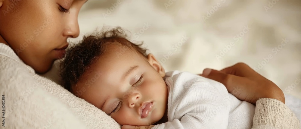 Warm Embrace of Motherhood Tender Moment Between Sleeping Baby and Mother, Soft Lighting and Intimate Closeup, Family Love and Serenity Concept Warm Embrace of Motherhood Tender Moment Between Sleeping Baby and Mother, Soft Lighting and Intimate Closeup, Family Love and Serenity Concept