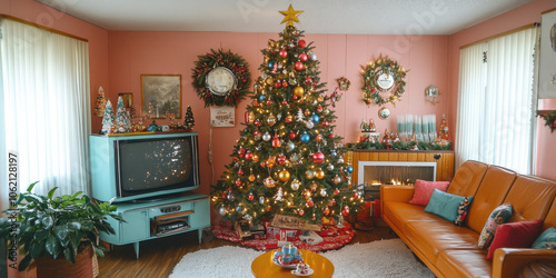 Vintage Christmas living room with decorated tree, tinsel, and retro decor, creating warm and festive atmosphere perfect for holiday gatherings photo