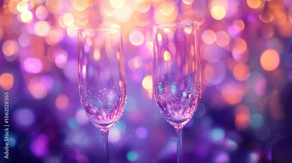 Cheers with champagne glasses, soft background of bokeh lights in purple and gold, ideal for festive celebrations. Cheers with champagne glasses, soft background of bokeh lights in purple and gold, ideal for festive celebrations.