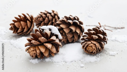 Natural pine cones dusted with snow on a white background, adding a warm, rustic feel to the holiday scene.