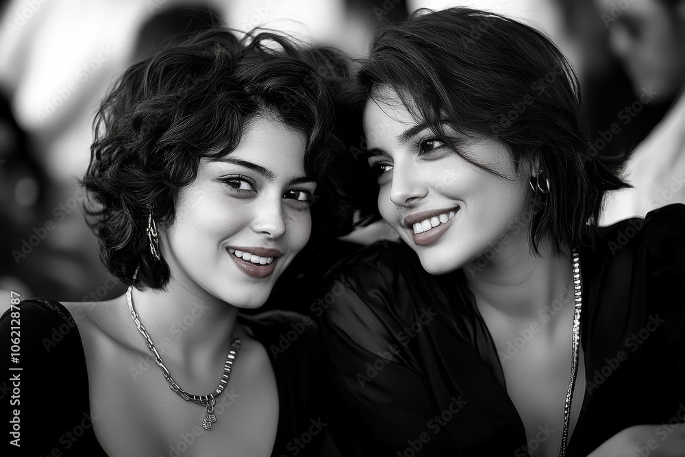 Two friends in conversation with one sneaking shy glances, capturing the playful and sweet side of liking someone close, symbolizing affection and warmth Two friends in conversation with one sneaking shy glances, capturing the playful and sweet side of liking someone close, symbolizing affection and warmth