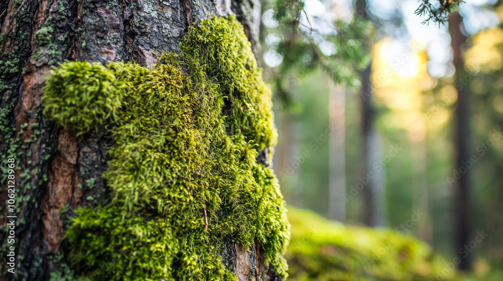 Obraz premium Lush green moss covering a tree trunk in a serene forest during golden hour
