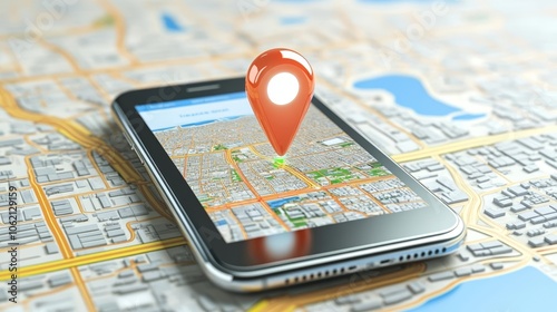 Mobile phone with a bright location pin over a virtual city map, symbolizing geofencing technology for marketing, logistics, and personalized user experiences photo