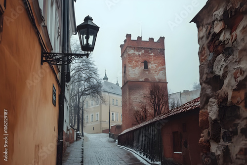 Tower rises gracefully amid a winter landscape in medieval city, surrounded by cobblestone streets and historic architecture under a cloudy sky