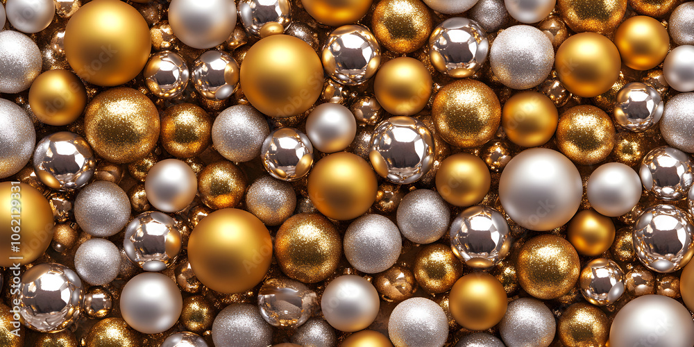 Gold and silver holiday ornaments scattered on a textured surface create a festive and luxurious atmosphere Gold and silver holiday ornaments scattered on a textured surface create a festive and luxurious atmosphere