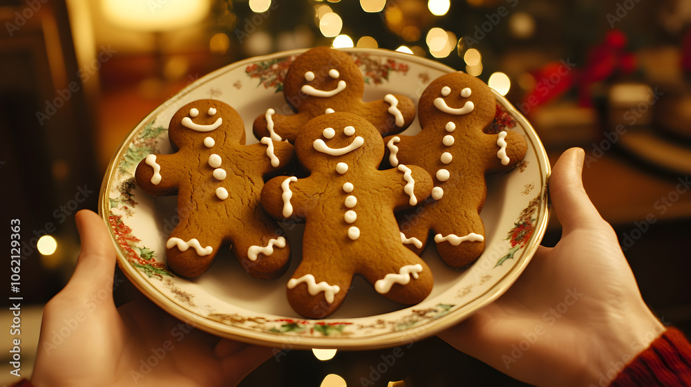 Hands holding a tray of freshly baked gingerbread cookies shaped like smiling gingerbread men, decorated with icing and set against a festive background Hands holding a tray of freshly baked gingerbread cookies shaped like smiling gingerbread men, decorated with icing and set against a festive background