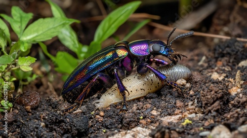 A vibrant iridescent beetle devours a slug in a close-up shot.