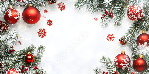 A festive minimalist christmas banner featuring a lush arrangement of pine branches, ornaments, and snowflakes on a clean white background