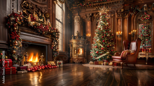 beautifully decorated Christmas scene featuring grand fireplace, stunning Christmas tree adorned with ornaments, and cozy armchair. warm glow of fire creates festive atmosphere filled with joy and