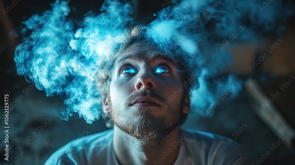 Confused white man in thought bubble with blue smoke emanating from his head Confused white man in thought bubble with blue smoke emanating from his head