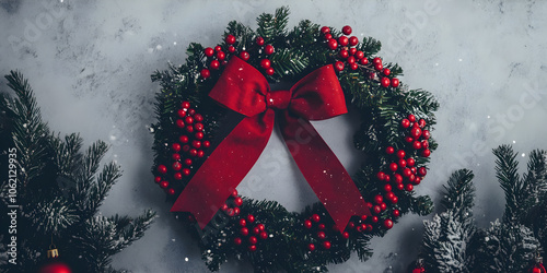 A simple holiday wreath adorned with red berries and a large bow against a plain background creates a festive atmosphere perfect for seasonal decoration photo