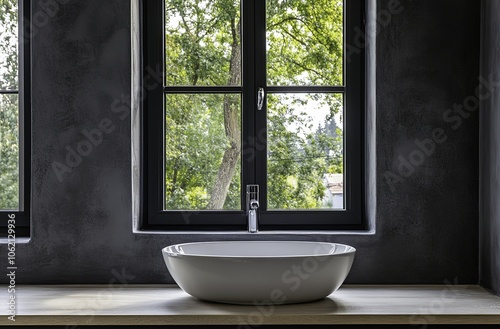 A minimalist bathroom showcases sleek gray walls paired with a white sink and mirror, framed by stylish black window frames.