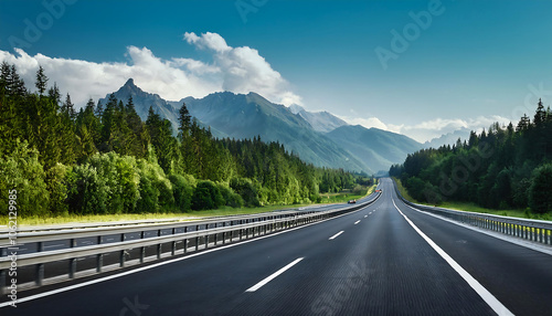 a straight highway on the background of mountains and forests 