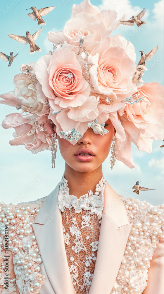 Naklejka premium Fashion model wearing extravagant floral headwear with hummingbirds flying around