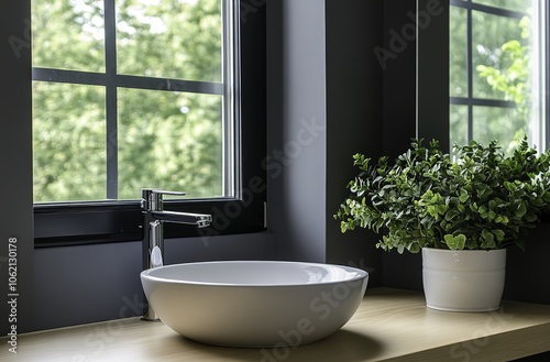 A minimalist bathroom showcases sleek gray walls paired with a white sink and mirror, framed by stylish black window frames.
