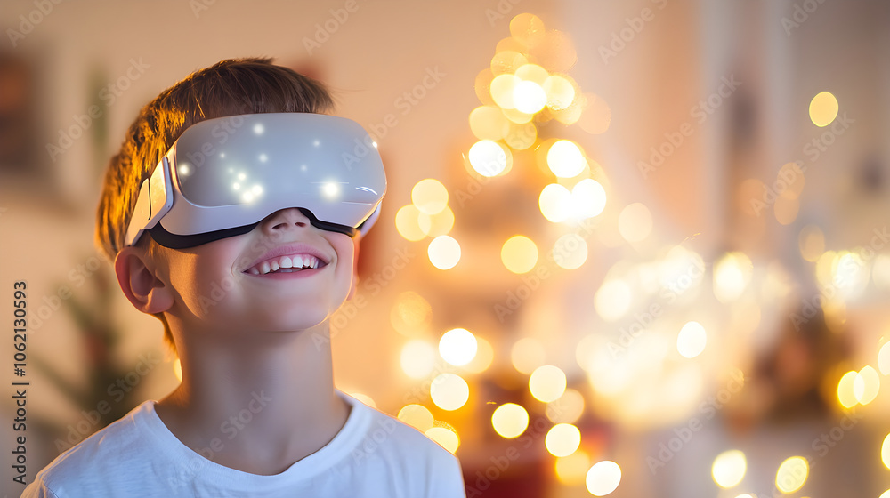A young boy wearing vr goggles smiles with excitement as he experiences a virtual world surrounded by soft, glowing lights A young boy wearing vr goggles smiles with excitement as he experiences a virtual world surrounded by soft, glowing lights