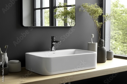A minimalist bathroom showcases sleek gray walls paired with a white sink and mirror, framed by stylish black window frames.