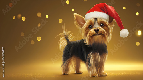 A cute yorkshire terrier stands confidently in a festive santa hat against a shimmering golden background photo