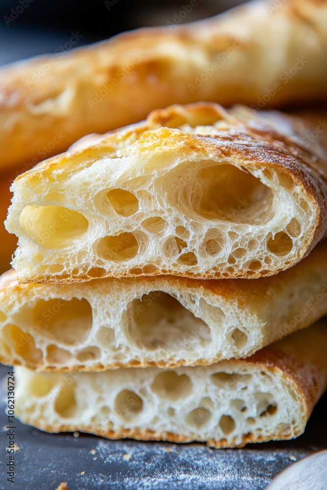 Close-up of a sliced baguette, revealing the soft airy texture inside and the crisp crust. Close-up of a sliced baguette, revealing the soft airy texture inside and the crisp crust.