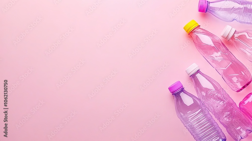 Scattered plastic bottles on a soft pink background highlighting waste reduction and environmental awareness in a creative flat lay Scattered plastic bottles on a soft pink background highlighting waste reduction and environmental awareness in a creative flat lay