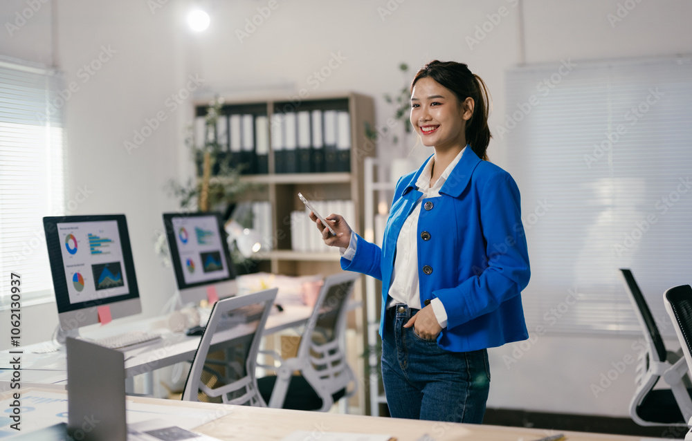 Fototapeta premium Asian businesswoman smiling in a modern office with a smartphone and computer screens showing charts, reflecting a tech-driven work environment