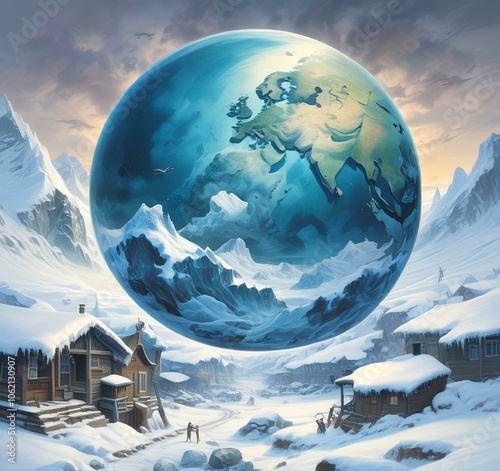 Illustration of Earth planet globe frozen in ice and snow with winter landscape.