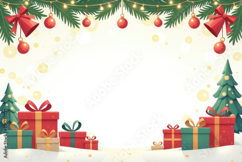 A beautifully decorated backdrop features vibrant gift boxes, glowing lights, and falling snowflakes, perfect for festive winter celebrations and holiday gatherings. Place for the text