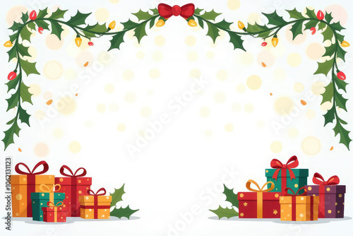 A beautifully decorated backdrop features vibrant gift boxes, glowing lights, and falling snowflakes, perfect for festive winter celebrations and holiday gatherings. Place for the text in center.