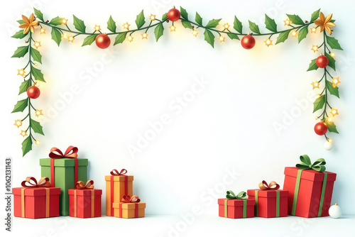 A beautifully decorated backdrop features vibrant gift boxes, glowing lights, and falling snowflakes, perfect for festive winter celebrations and holiday gatherings. Place for the text