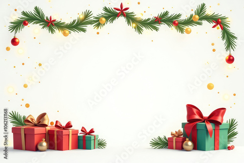 A beautifully decorated backdrop features vibrant gift boxes, glowing lights, and falling snowflakes, perfect for festive winter celebrations and holiday gatherings. Place for the text in center.