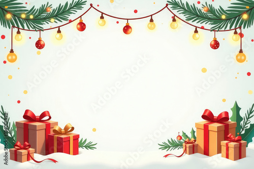 A beautifully decorated backdrop features vibrant gift boxes, glowing lights, and falling snowflakes, perfect for festive winter celebrations and holiday gatherings. Place for the text in center.