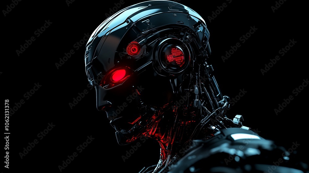 Close-up portrait of a robotic head with red glowing eyes. Close-up portrait of a robotic head with red glowing eyes.