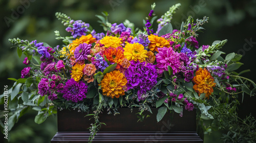 Colorful floral arrangement in a wooden planter during a sunny day