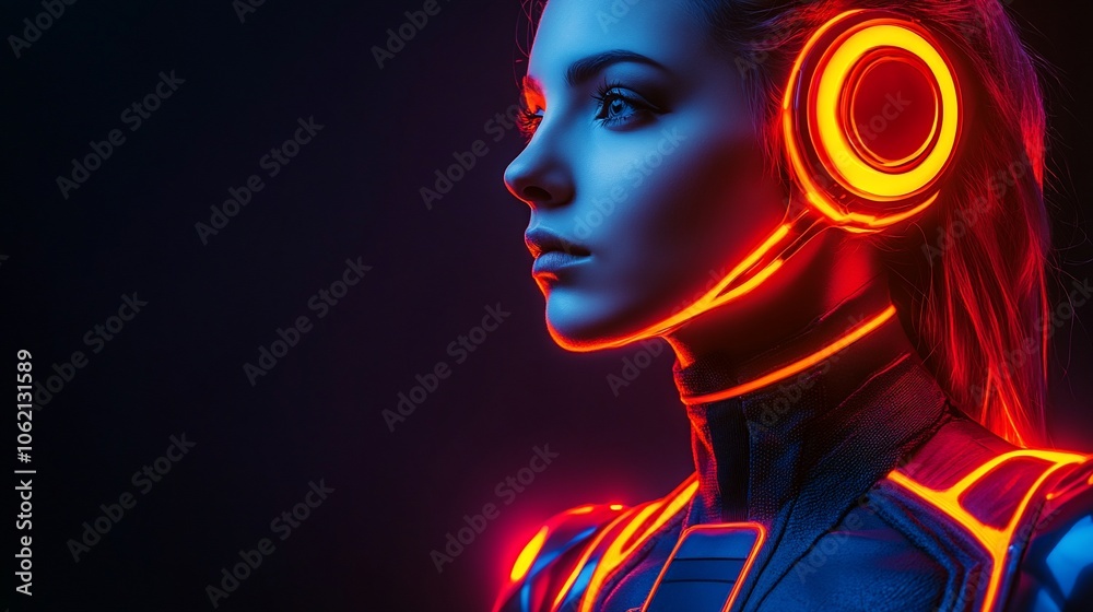 A young woman in a futuristic suit with neon lights, looking to the side. A young woman in a futuristic suit with neon lights, looking to the side.