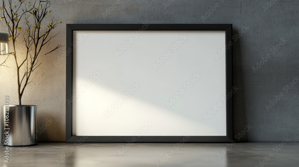 Fototapeta premium Minimalist frame leaning against a textured wall with decorative plant beside it