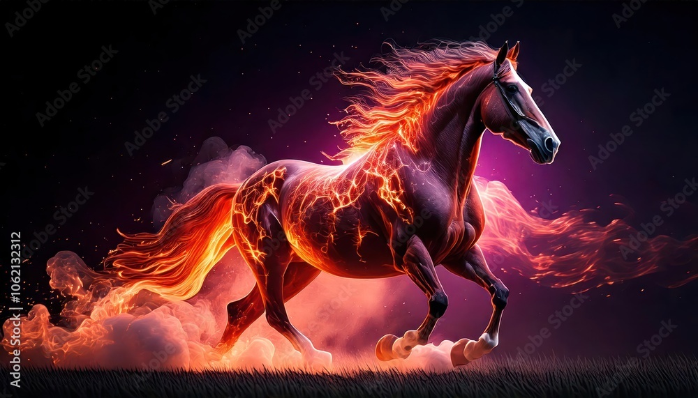 image of fiery horse running through the night is reflected in the water front view image of fiery horse running through the night is reflected in the water front view