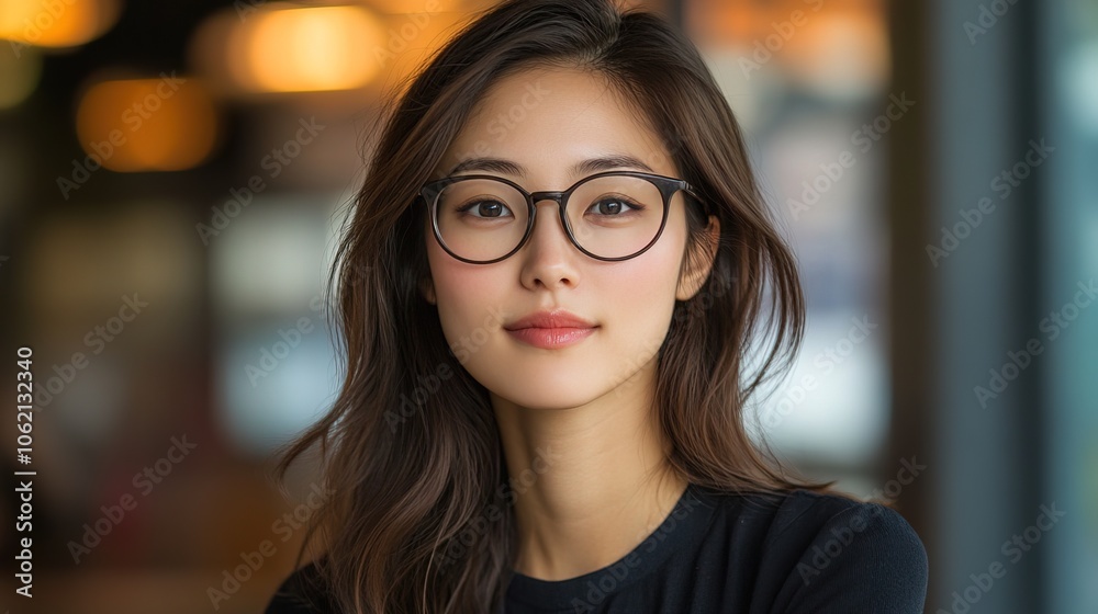 Asian woman beauty with glasses is looking at the camera Asian woman beauty with glasses is looking at the camera