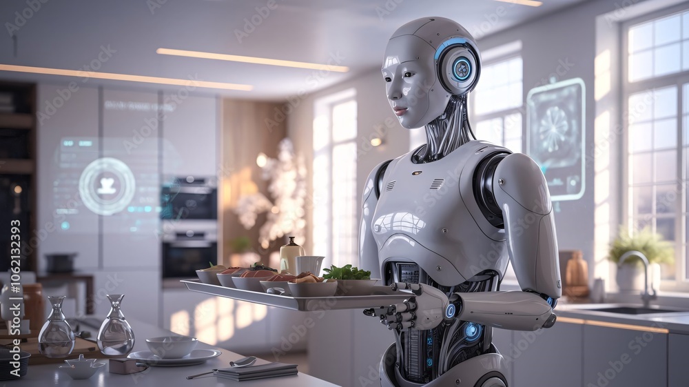 Modern Sci-Fi Kitchen with Humanoid Robot Assisting Human Interaction Modern Sci-Fi Kitchen with Humanoid Robot Assisting Human Interaction