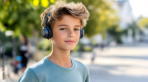 Teenager wearing headphones, enjoying music outdoors, smiling happily