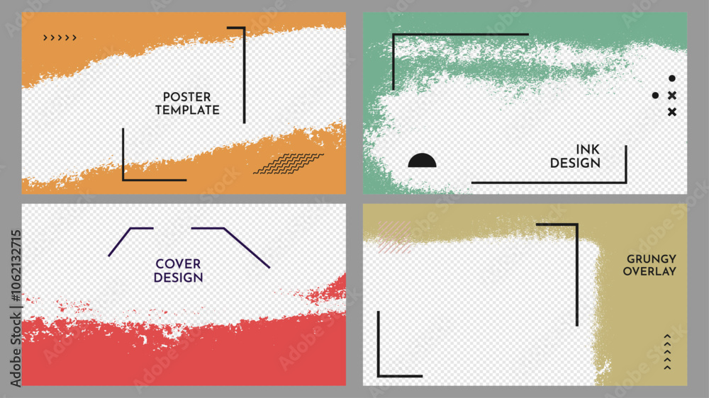 Vector illustration. Abstract color horizontal frame set. Ink brush strokes design for web template, social media, cover overlay, website banner. Paint splatter. Grainy paint texture. Graffiti style