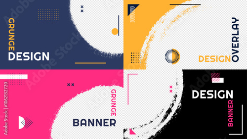 Vector illustration. Abstract color horizontal clipping mask set. Ink brush strokes design for web template, social media, cover overlay, website banner. Paint splatter with Memphis pattern design