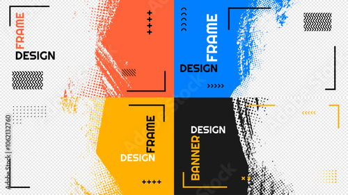 Vector illustration. Abstract color horizontal clipping mask set. Ink brush strokes design for web template, social media, cover overlay, website banner. Paint splatter with halftone dotted texture