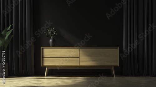 A modern minimalist sideboard made of solid wood, featuring a light oak grain finish, designed with two drawers and an open storage space. 