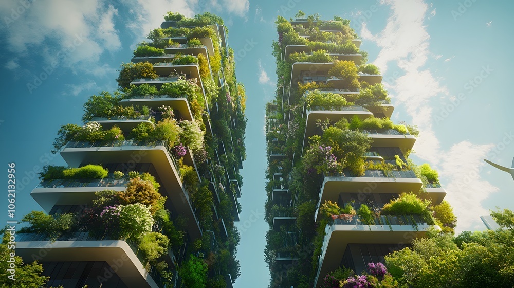 Obraz premium Three Buildings Covered in Lush Greenery with Cityscape in Background