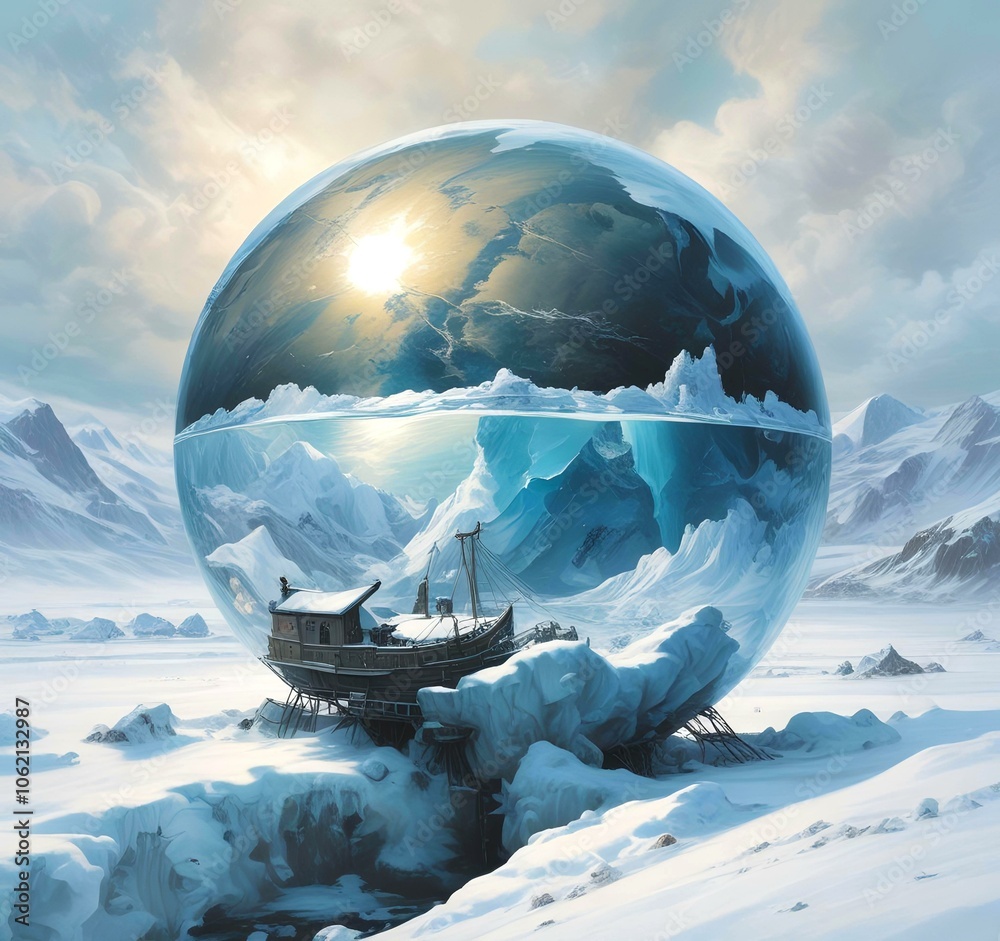 Illustration of Earth planet globe frozen in ice and snow with winter landscape. Illustration of Earth planet globe frozen in ice and snow with winter landscape.