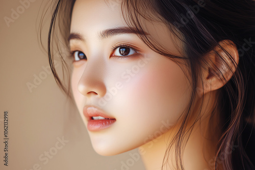 Portrait Woman with brown hair and brown eyes. She has a light pink lip color. Concept of beautiful skinned woman, positive thinking woman.