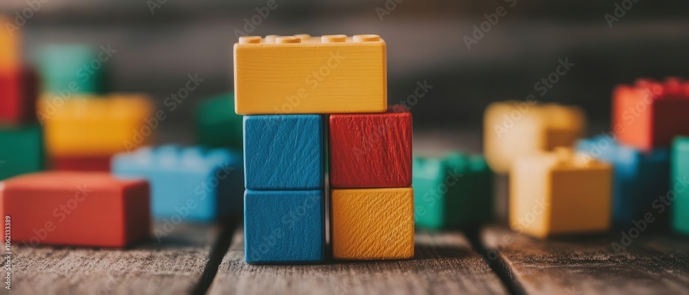 A colorful arrangement of building blocks on a wooden surface, showcasing creativity and playfulness.