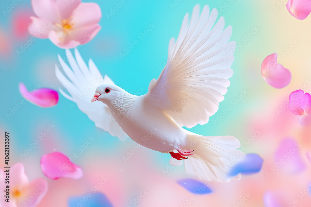 Fototapeta premium A white dove flying among colorful flower petals in a serene atmosphere